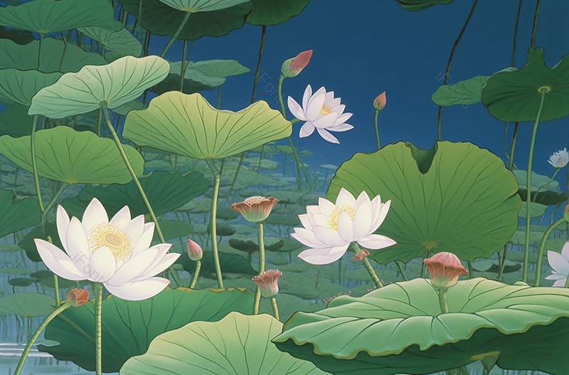 二十四节气夏季夏天立夏小暑夜间花朵盛开池塘荷塘水塘荷花荷叶绿色背景插画,插画/手绘图,插画/手绘图库,插画/手绘图下载,插画/手绘